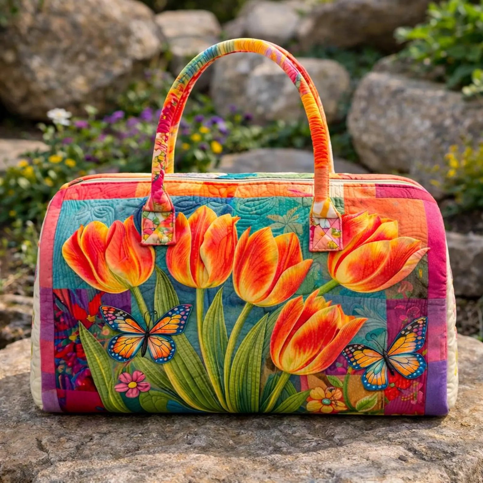 Tulip Quilted Duffle Bag, Floral Weekender Bag for Women, Butterfly Travel Duffle