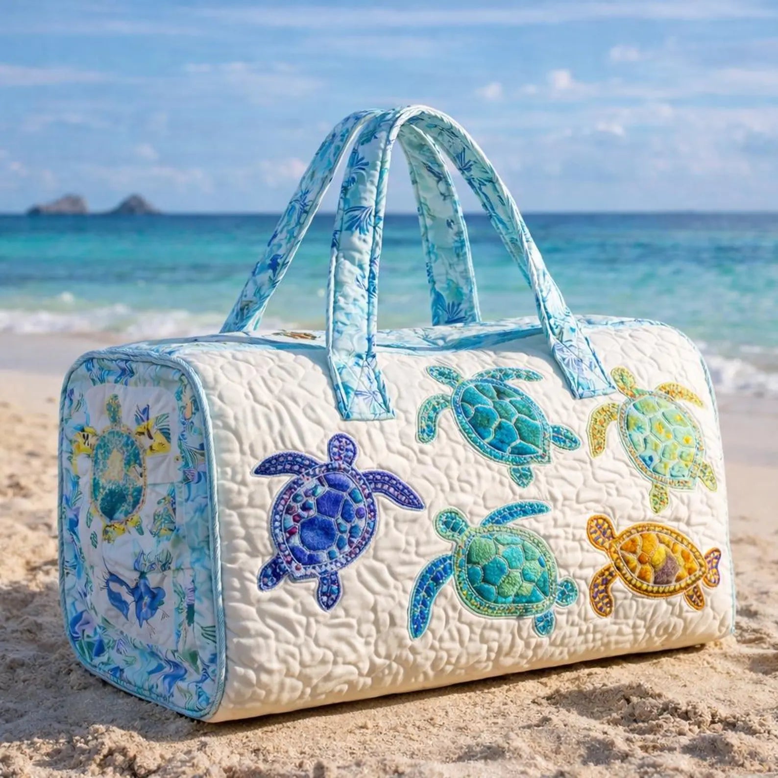 Sea Turtle Quilted Duffle Bag, Coastal Weekender Travel Bag for Women, Beach Turtle Overnight Duffel