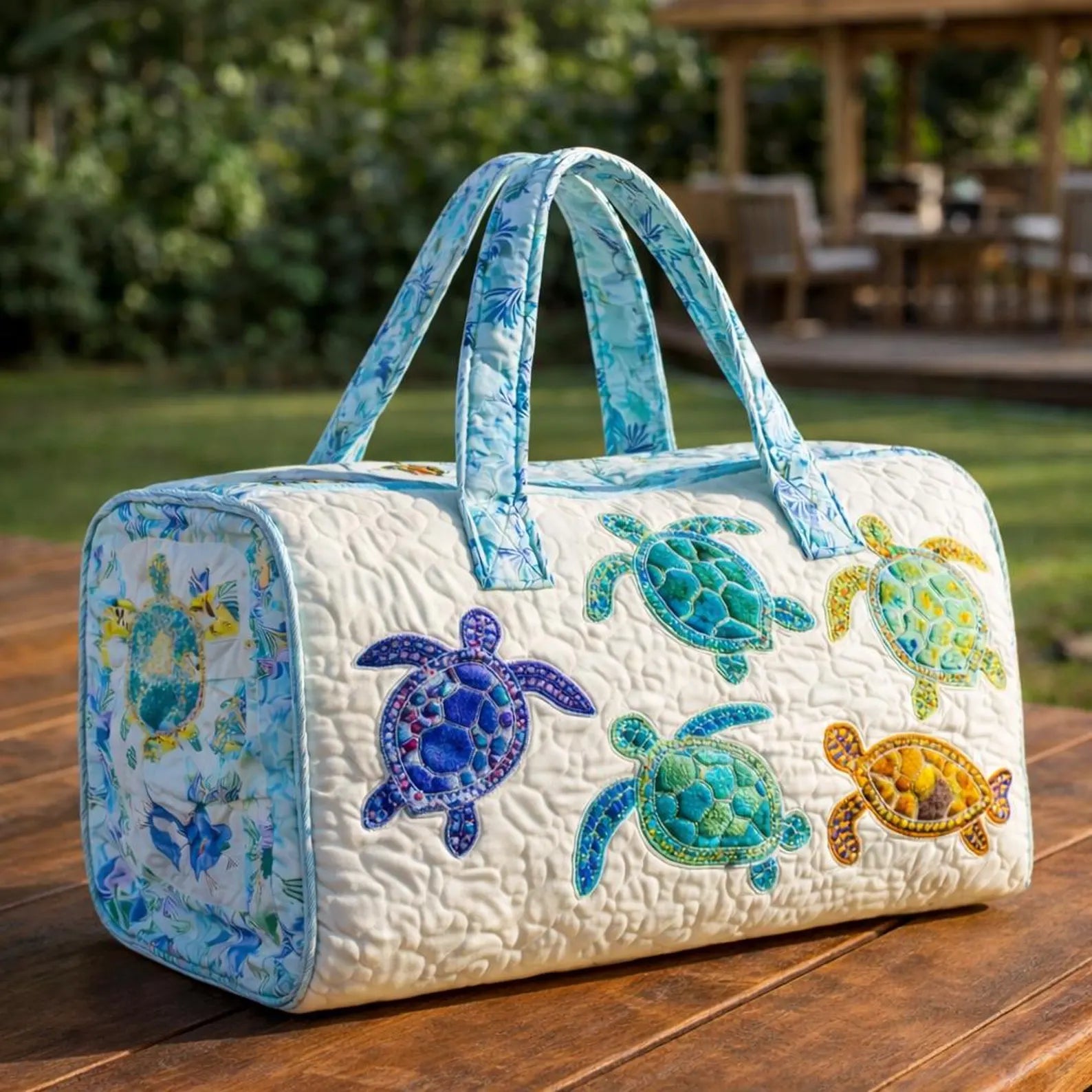 Sea Turtle Quilted Duffle Bag, Coastal Weekender Travel Bag for Women, Beach Turtle Overnight Duffel