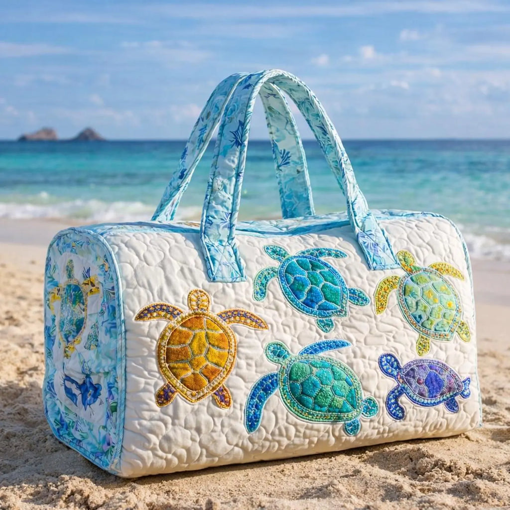 Sea Turtle Quilted Duffle Bag, Coastal Weekender Travel Bag for Women, Beach Turtle Overnight Duffel