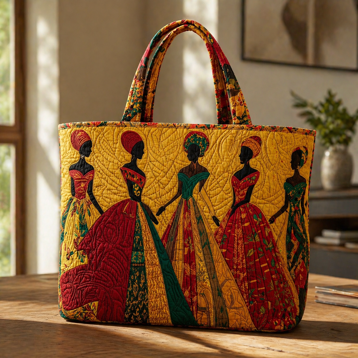 African Women Quilted Tote Bag, Colorful Sisterhood Shoulder Bag, Cultural Art Tote, Empowering Gift for Women QTOTE21