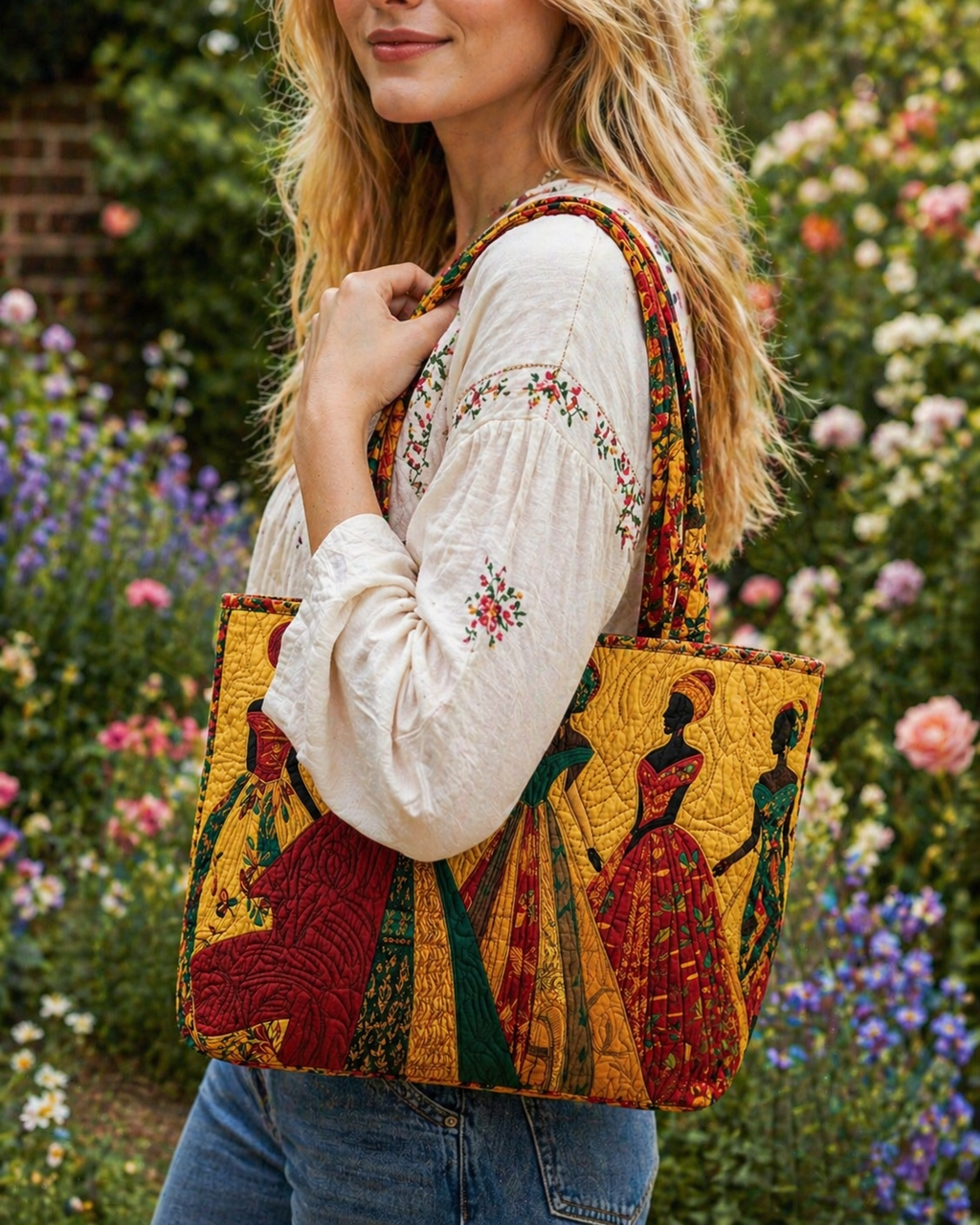 African Women Quilted Tote Bag, Colorful Sisterhood Shoulder Bag, Cultural Art Tote, Empowering Gift for Women QTOTE21