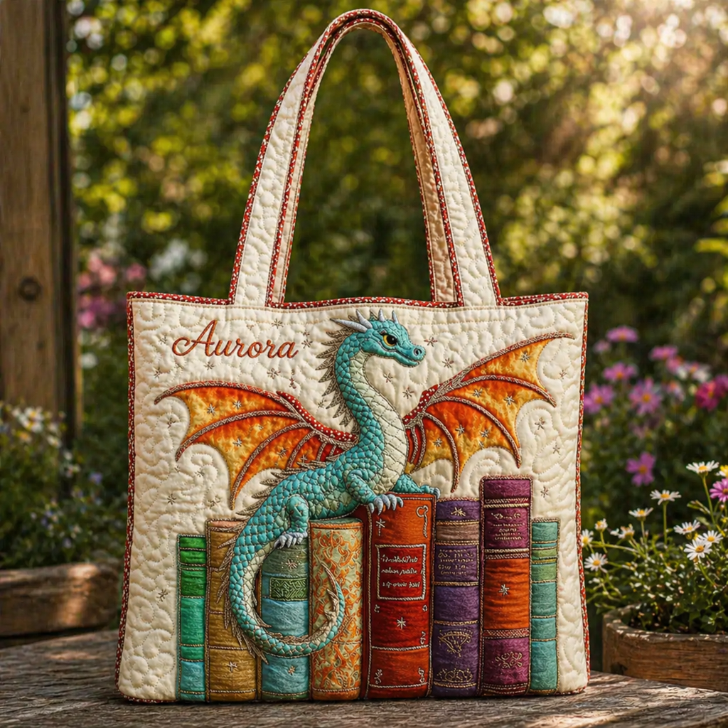 Dragon Book Quilted Tote Bag, Fantasy Dragon Shoulder Bag, Art Tote, Gift for Women QTOTE23