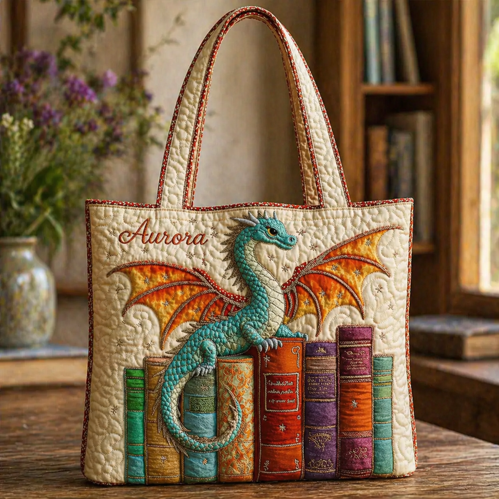 Dragon Book Quilted Tote Bag, Fantasy Dragon Shoulder Bag, Art Tote, Gift for Women QTOTE23