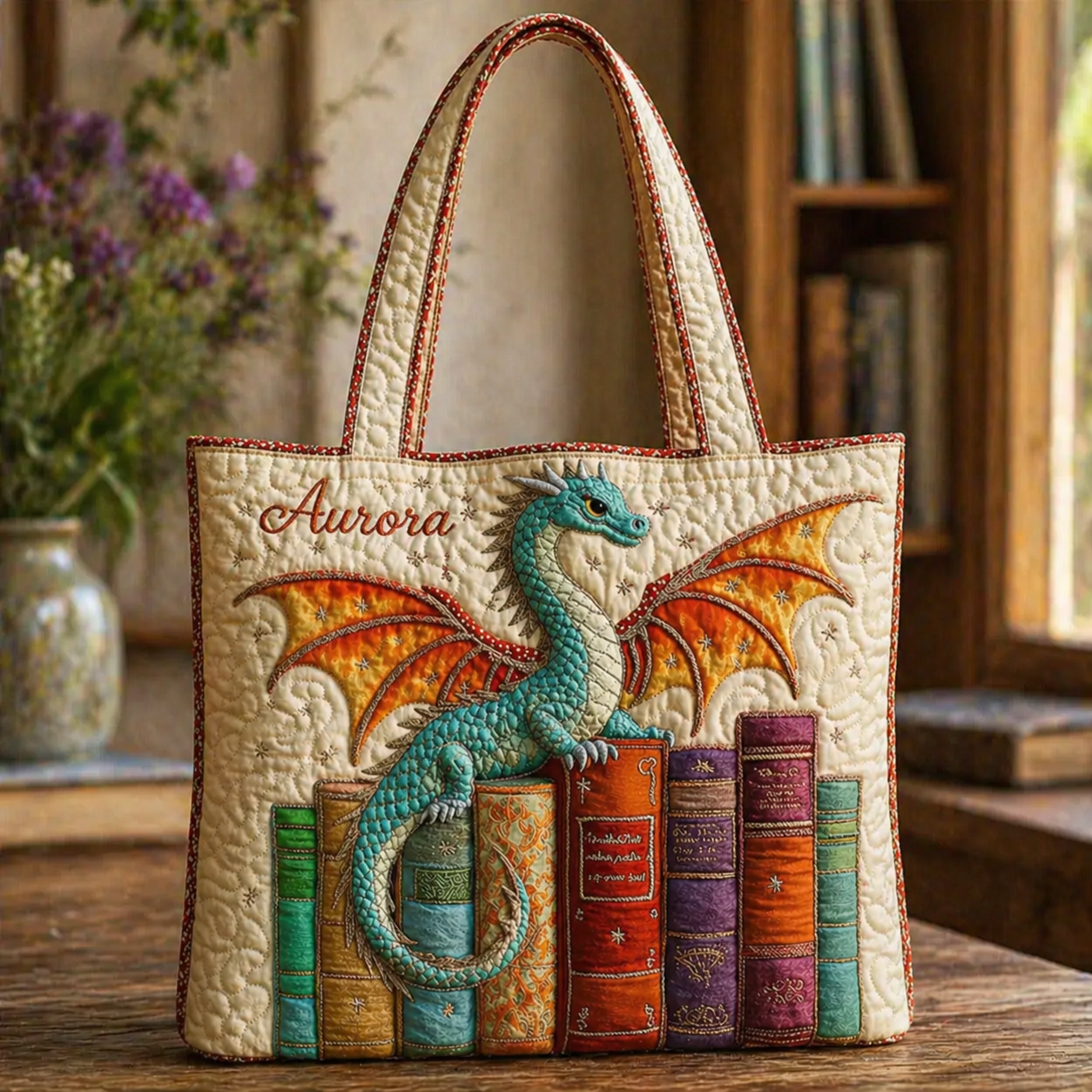 Dragon Book Quilted Tote Bag, Fantasy Dragon Shoulder Bag, Art Tote, Gift for Women QTOTE23