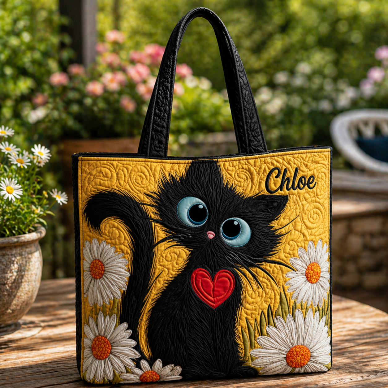 Floral Black Cat Quilted Tote Bag, Cat Shoulder Bag, Cat Art Tote, Gift for Women QTOTE24