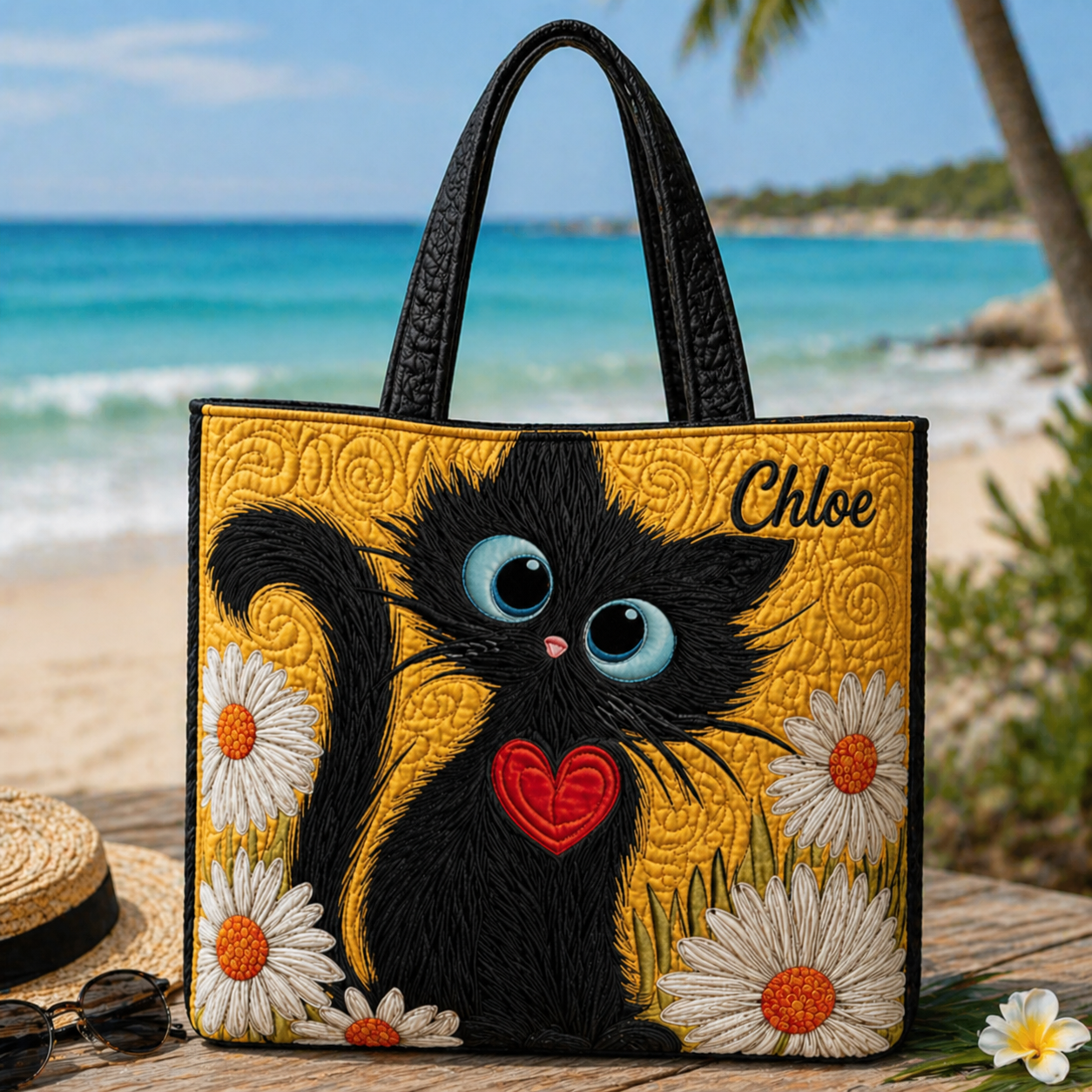 Floral Black Cat Quilted Tote Bag, Cat Shoulder Bag, Cat Art Tote, Gift for Women QTOTE24
