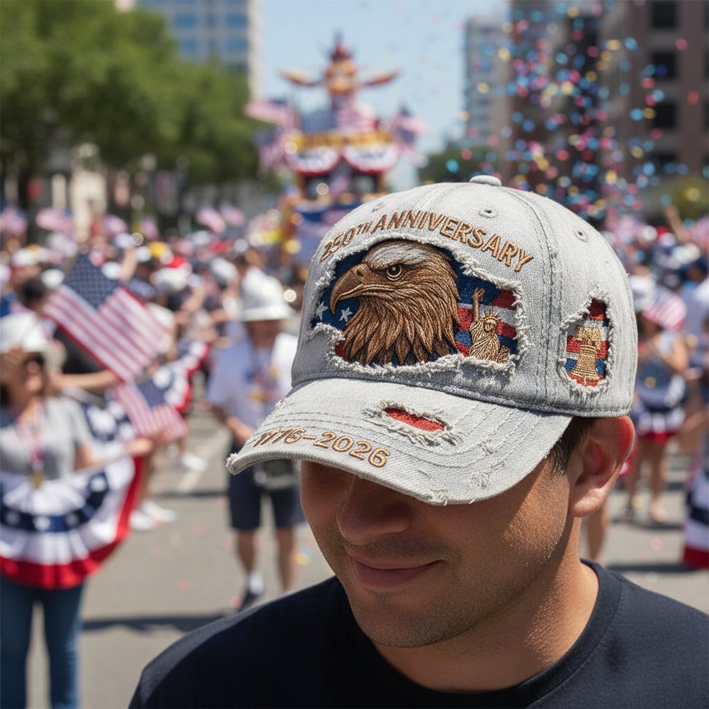 USA 250th Anniversary Distressed Hat 1776–2026 – Vintage Embroidered Bald Eagle & Statue of Liberty Patriotic Cap, American Flag Independence Celebration