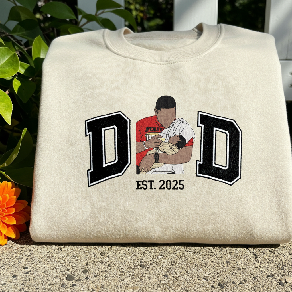 Custom Varsity Embroidered Sweatshirt with Dad Portrait Photo | Dad and Son Portrait Hoodie | Father Day Photo Sweatshirt | Family Portrait