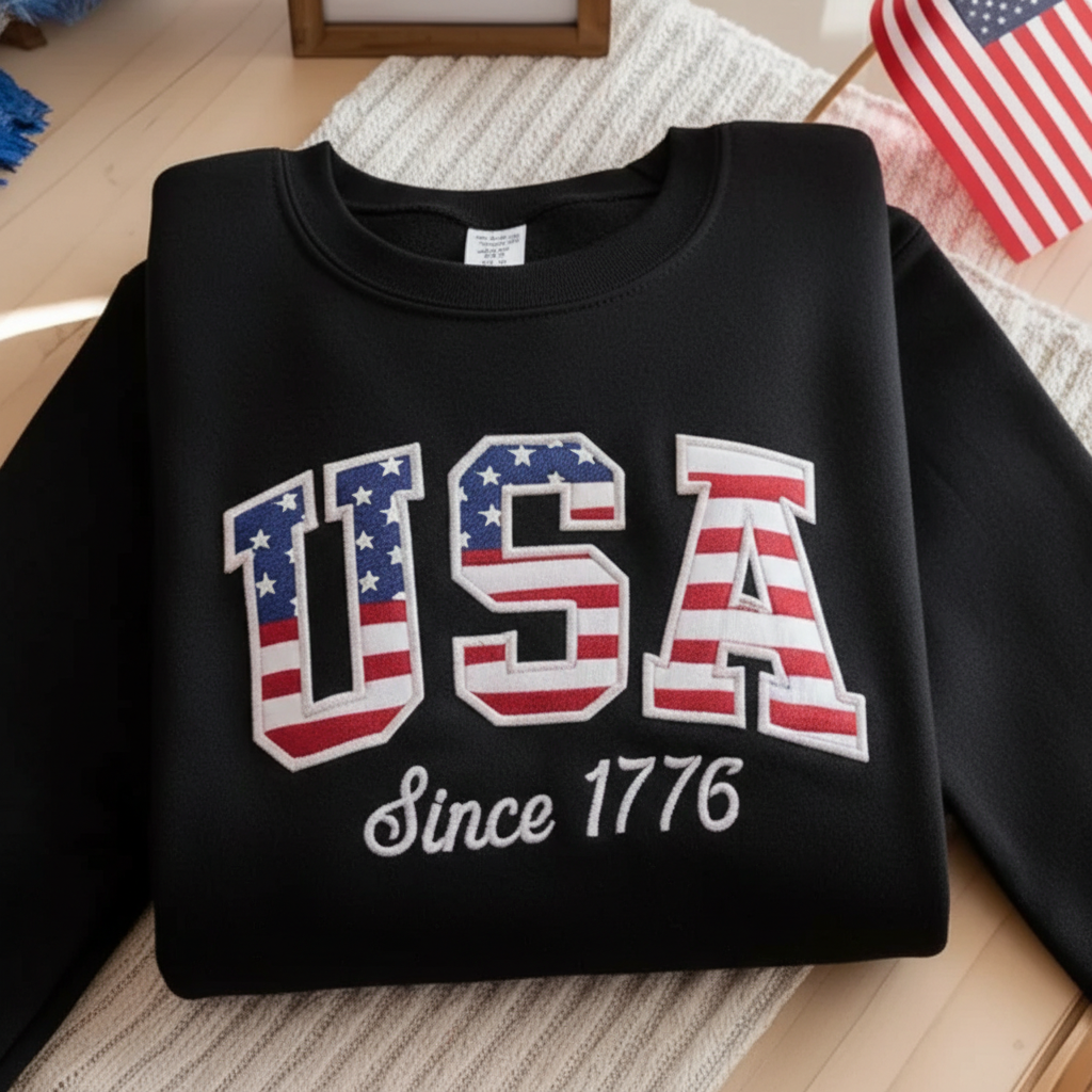 Embroidered USA Sweatshirt, Est 1776 American Flag Apparel, Patriotic Women's Shirt