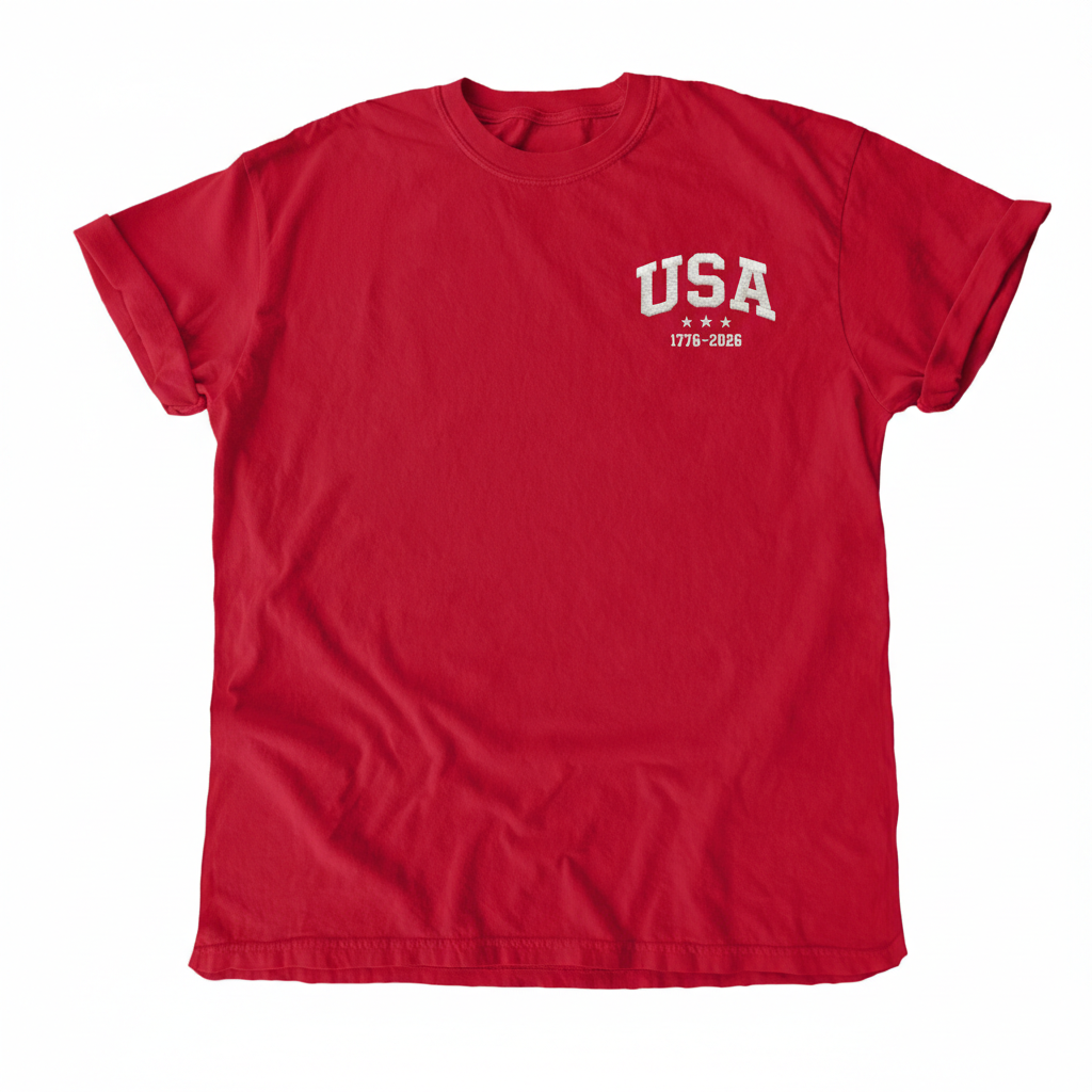 USA 250 Embroidered Left Chest Design Patriotic 1776 2026 Minimalist American Anniversary Tee Gift America Birthday Shirt