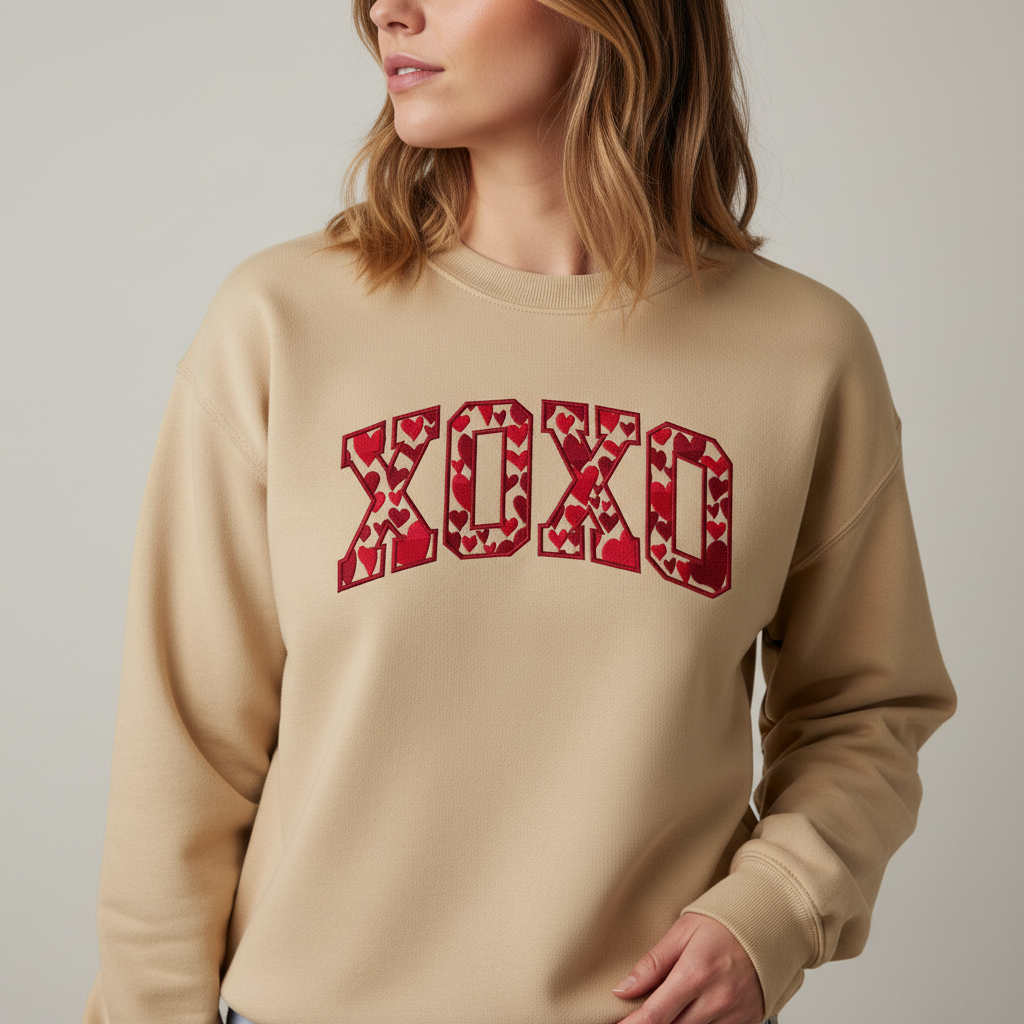 Valentine’s Day XOXO Embroidered Sweatshirt, Hearts Embroidery Crewneck, Romantic Love Gift