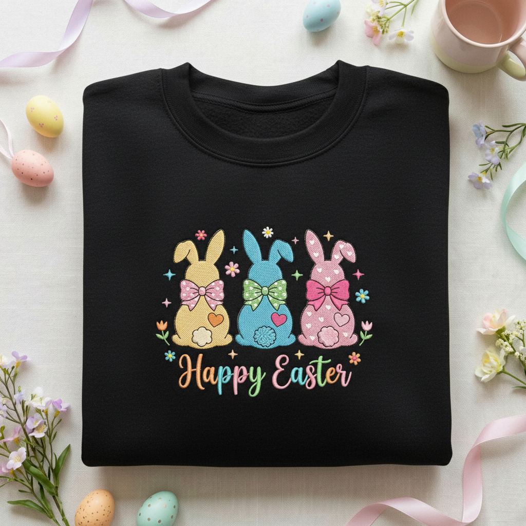 Embroidered Happy Easter Sweatshirt, Colorful Easter Bunny Hoodie, Spring Marshmallow Rabbit Shirt, Cute Pastel Holiday Apparel, Easter Gift