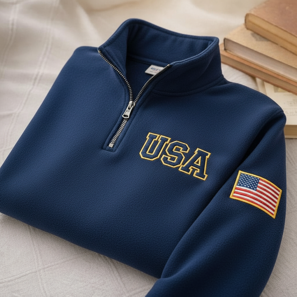 USA Quarter-Zip Embroidered Sweatshirt, Semiquincentennial Tee, Retro USA With Flag In Sleeve Shirt, USA Pride Gift