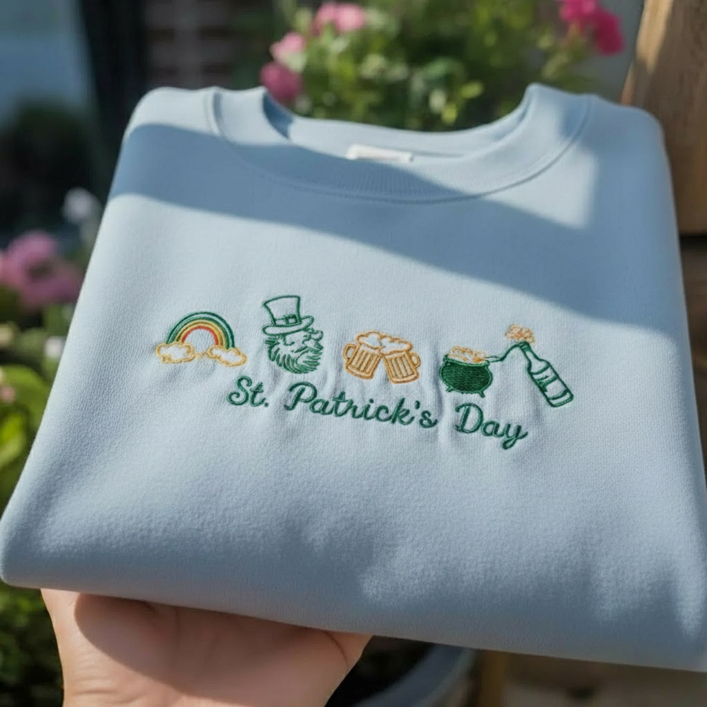 Lucky Rainbow Leprechaun Beer Shirt, St. Patrick's Day Embroidered Sweatshirt, Irish Festival Apparel, Pot Of Gold Drinking Crewneck Top