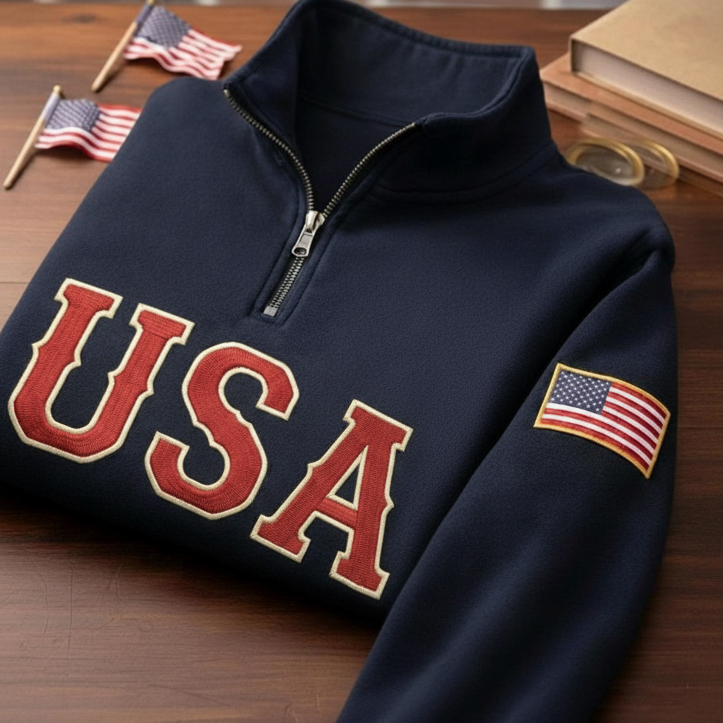 USA Hockey Quarter-Zip Embroidered Sweatshirt, Vintage Champions 2026, Semiquincentennial Tee, Retro Flag In Sleeve Shirt, USA Pride Gift