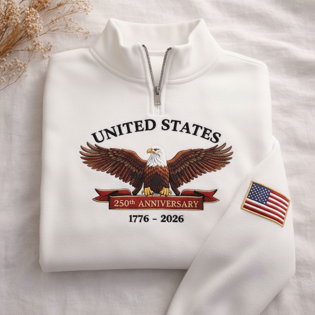 Eagle USA 250th Anniversary Embroidered Quater Zip, America 1776–2026 Sweatshirt, Patriotic American Flag Hoodie, Varsity Letter Shirt