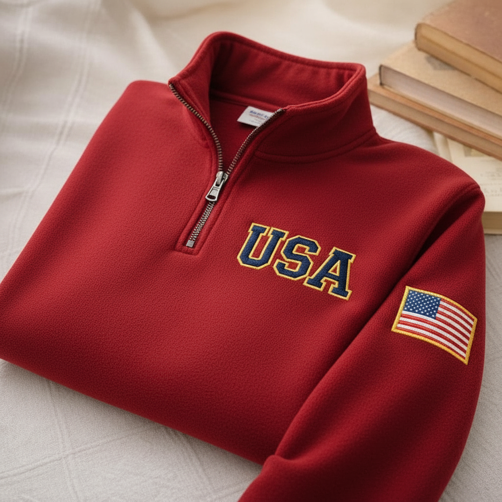 USA Quarter-Zip Embroidered Sweatshirt, Semiquincentennial Tee, Retro USA With Flag In Sleeve Shirt, USA Pride Gift