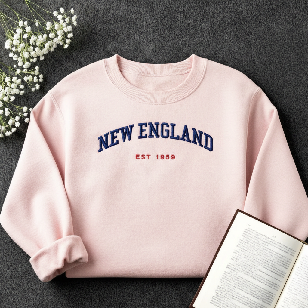 Embroidered New England Football Crewneck – Vintage Game Day Sweatshirt | Cozy Retro College Style Fall Pullover (Unisex)