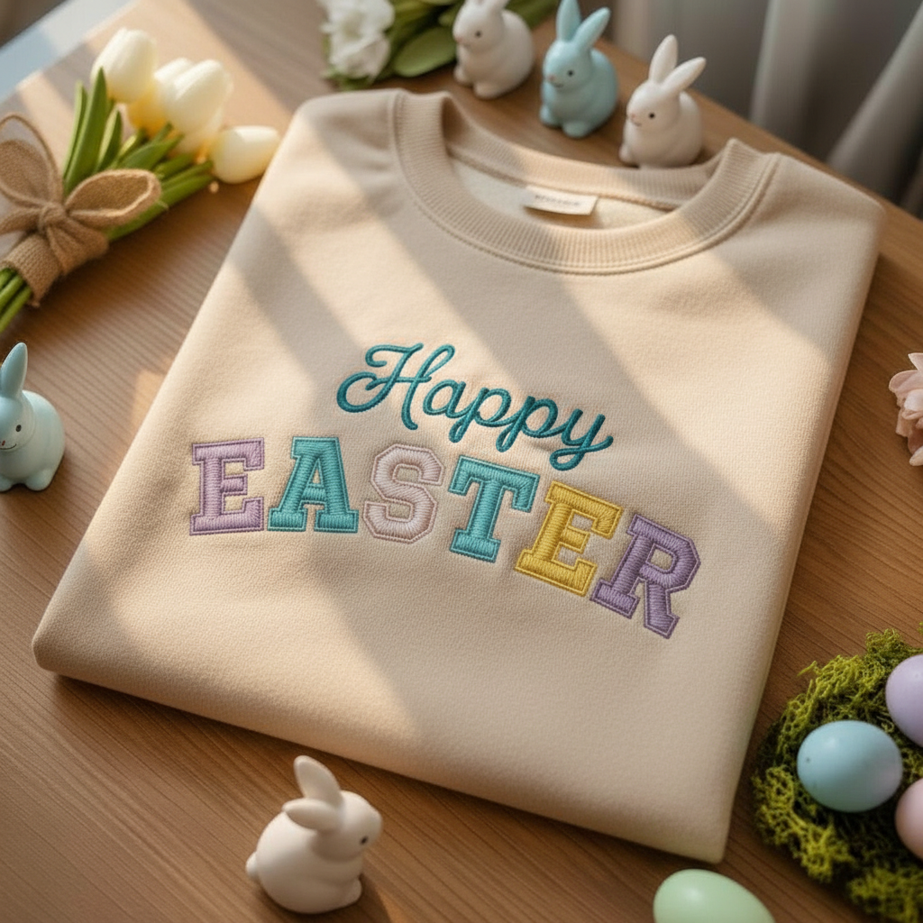 Embroidered Happy Easter Sweatshirt for Women – Cute Bunny Spring Crewneck Pullover