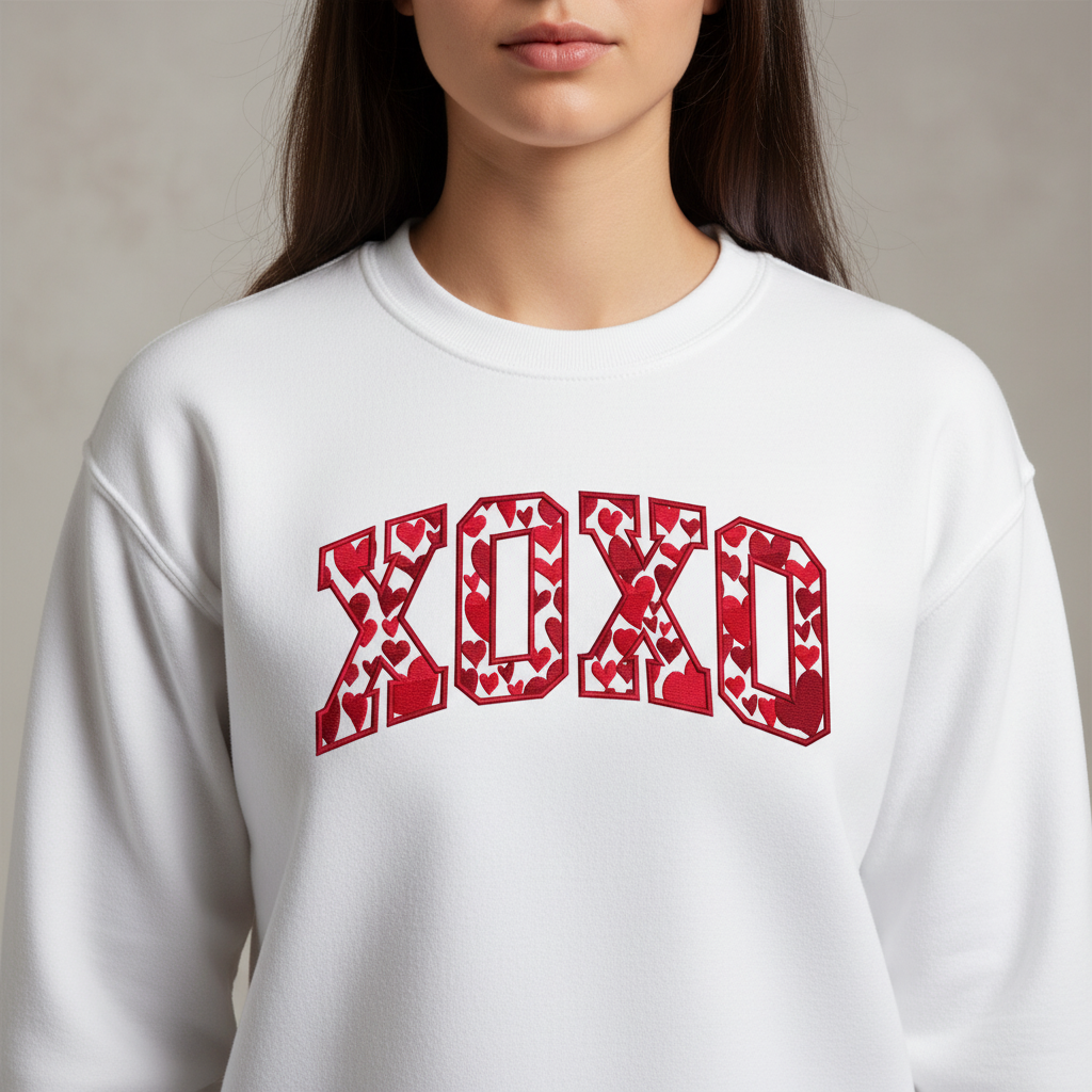 Valentine’s Day XOXO Embroidered Sweatshirt, Hearts Embroidery Crewneck, Romantic Love Gift