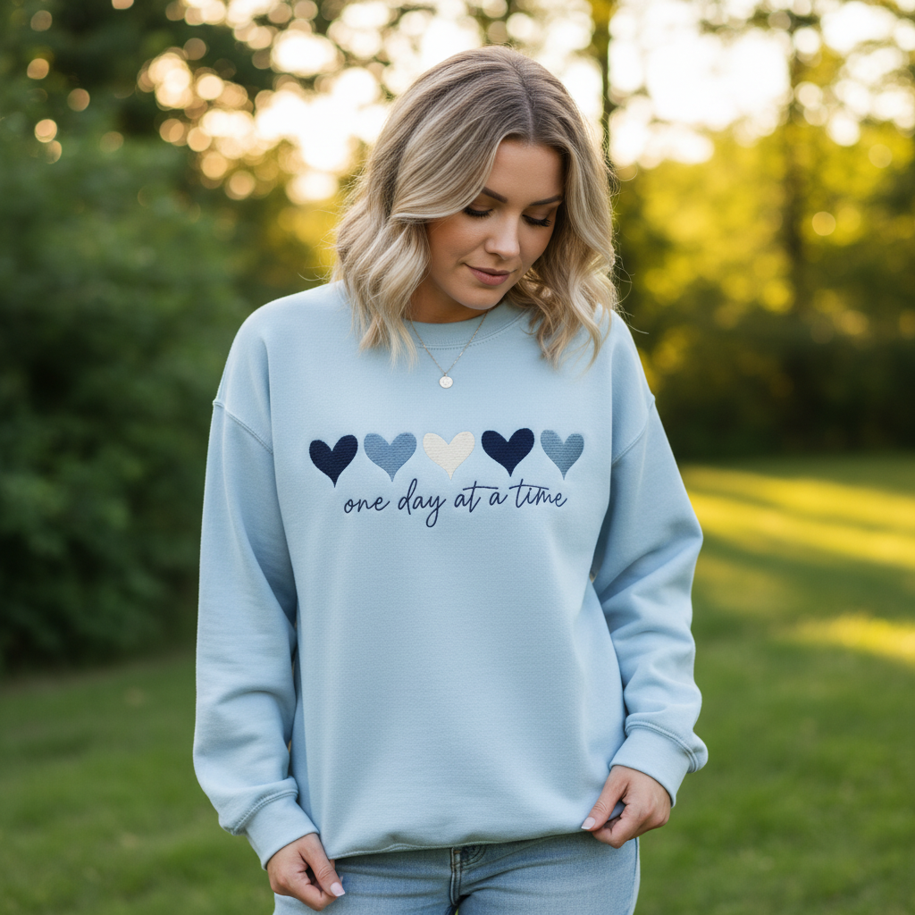 One Day At A Time Embroidered Design, Inspirational Mental Health Quote, Cute Hearts Gift Design