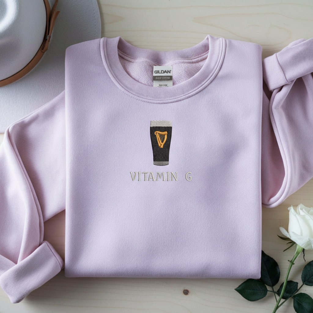 Vitamin G Embroidered St Patrick's Day Sweatshirt, Funny Embroidery Irish Pub Hoodie, Beer Lover Gift Sweater, Guinned Inspired Crewneck
