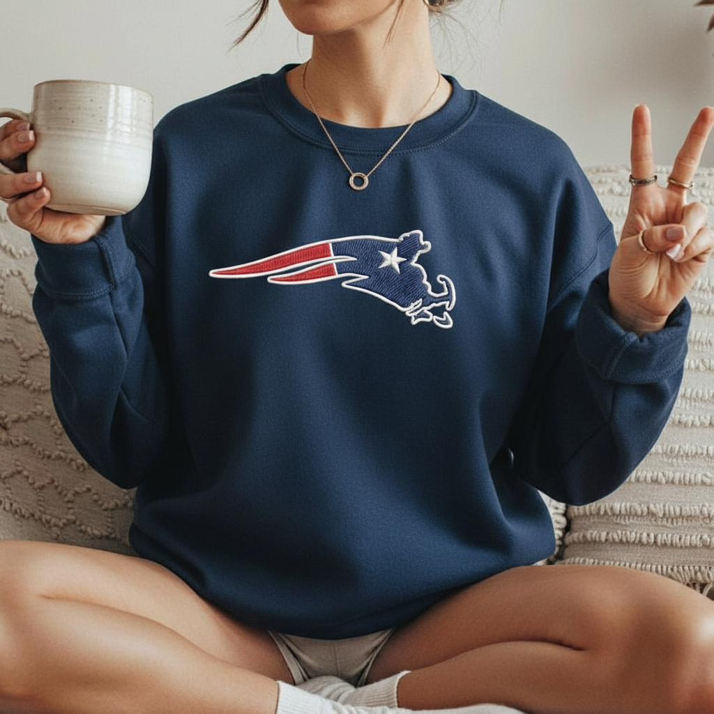 New England Football Map Logo Embroidery Shirt – Patriots Style Fan Gear | Machine-Embroidered Sweatshirt, USA Sports Pattern