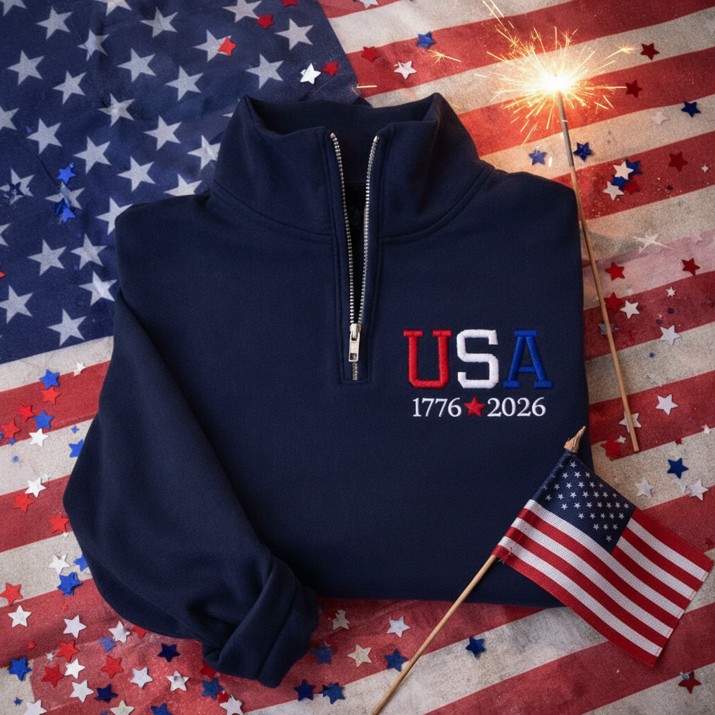 Embroidered USA Quarter Zip Sweatshirt | Patriotic Pullover | 1776–2026 Americana Unisex Sweatshirt | Fourth of July Gift