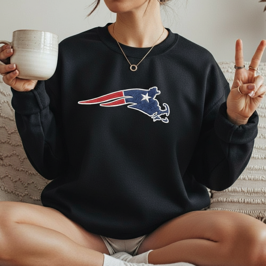 New England Football Map Logo Embroidery Shirt – Patriots Style Fan Gear | Machine-Embroidered Sweatshirt, USA Sports Pattern
