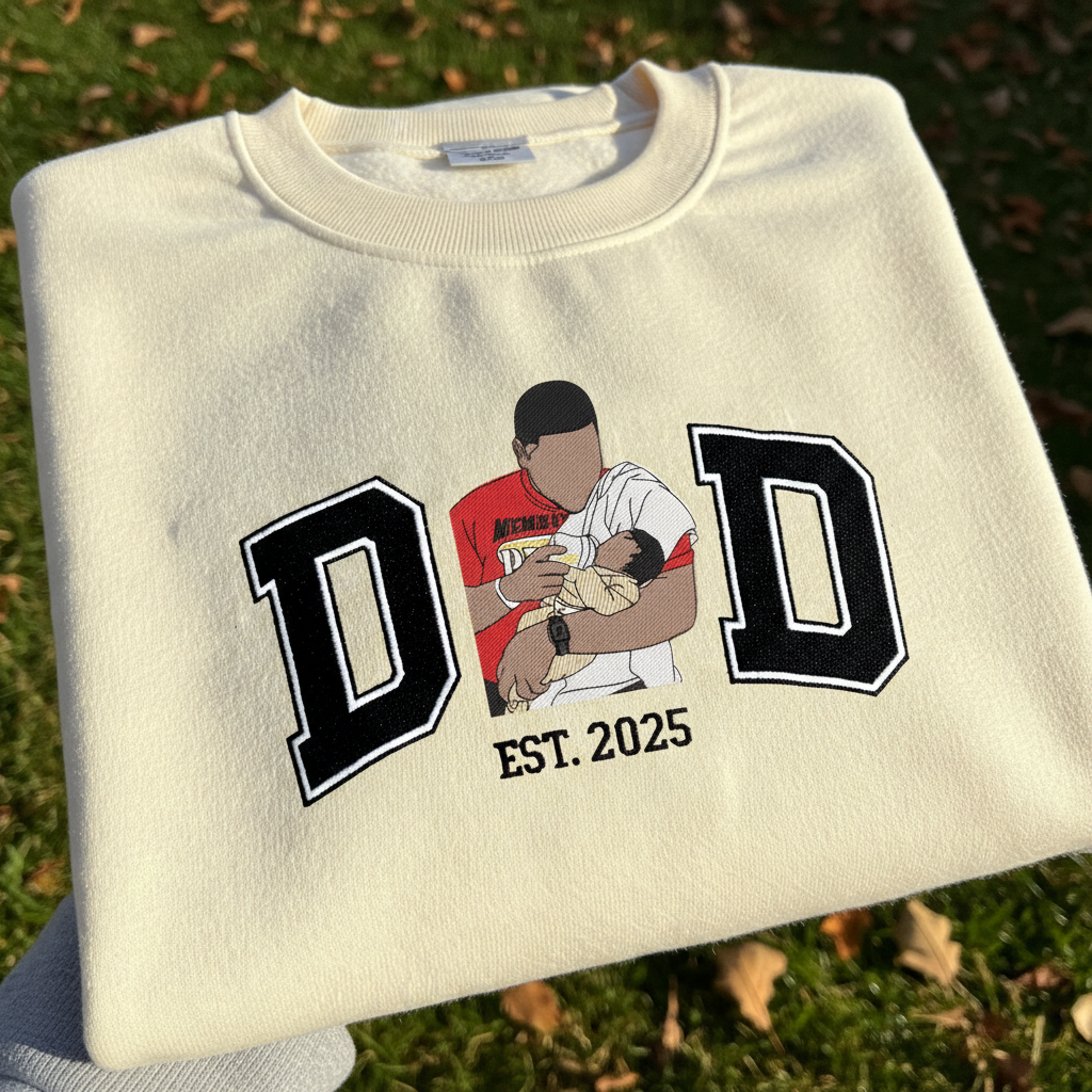 Custom Varsity Embroidered Sweatshirt with Dad Portrait Photo | Dad and Son Portrait Hoodie | Father Day Photo Sweatshirt | Family Portrait