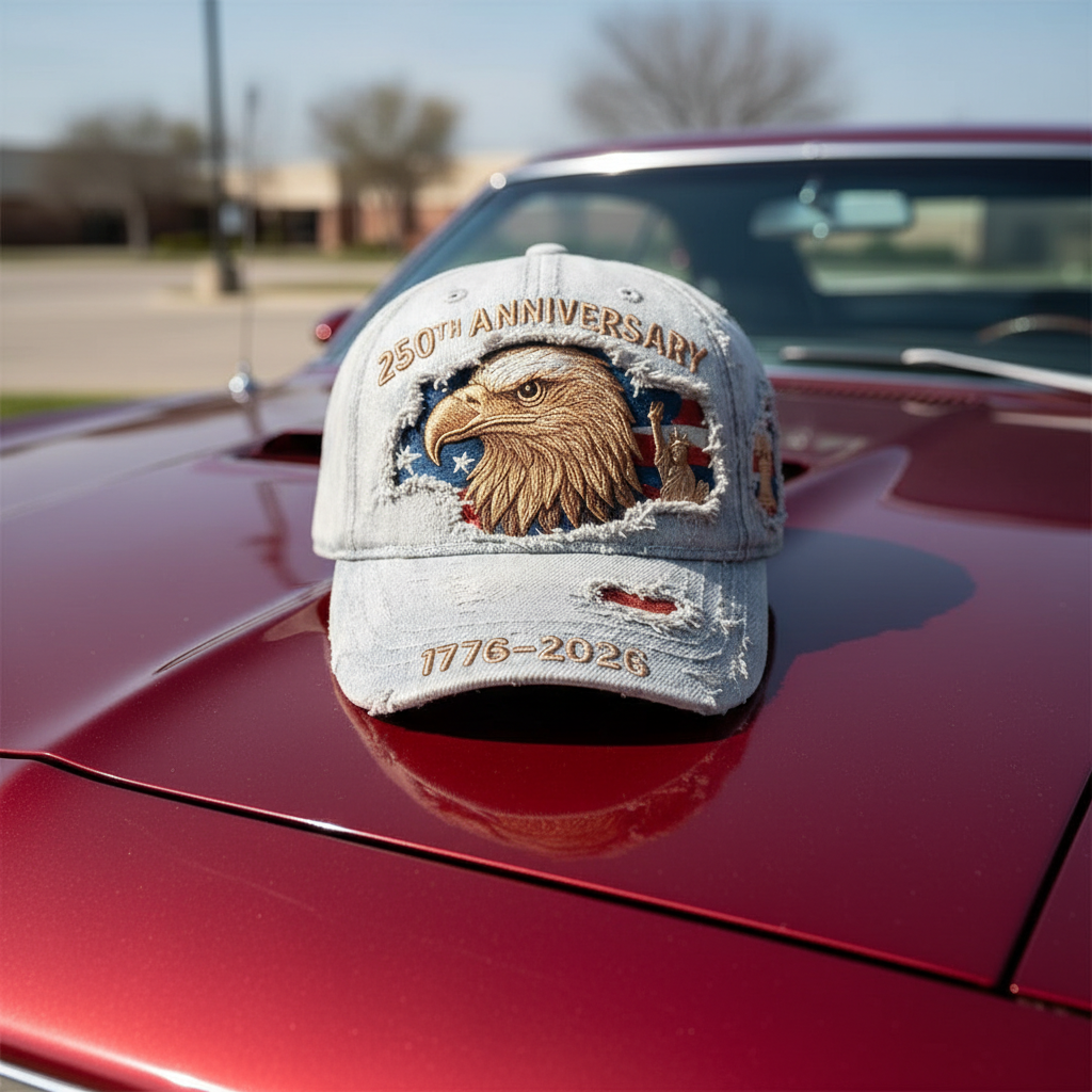 USA 250th Anniversary Distressed Hat 1776–2026 – Vintage Embroidered Bald Eagle & Statue of Liberty Patriotic Cap, American Flag Independence Celebration