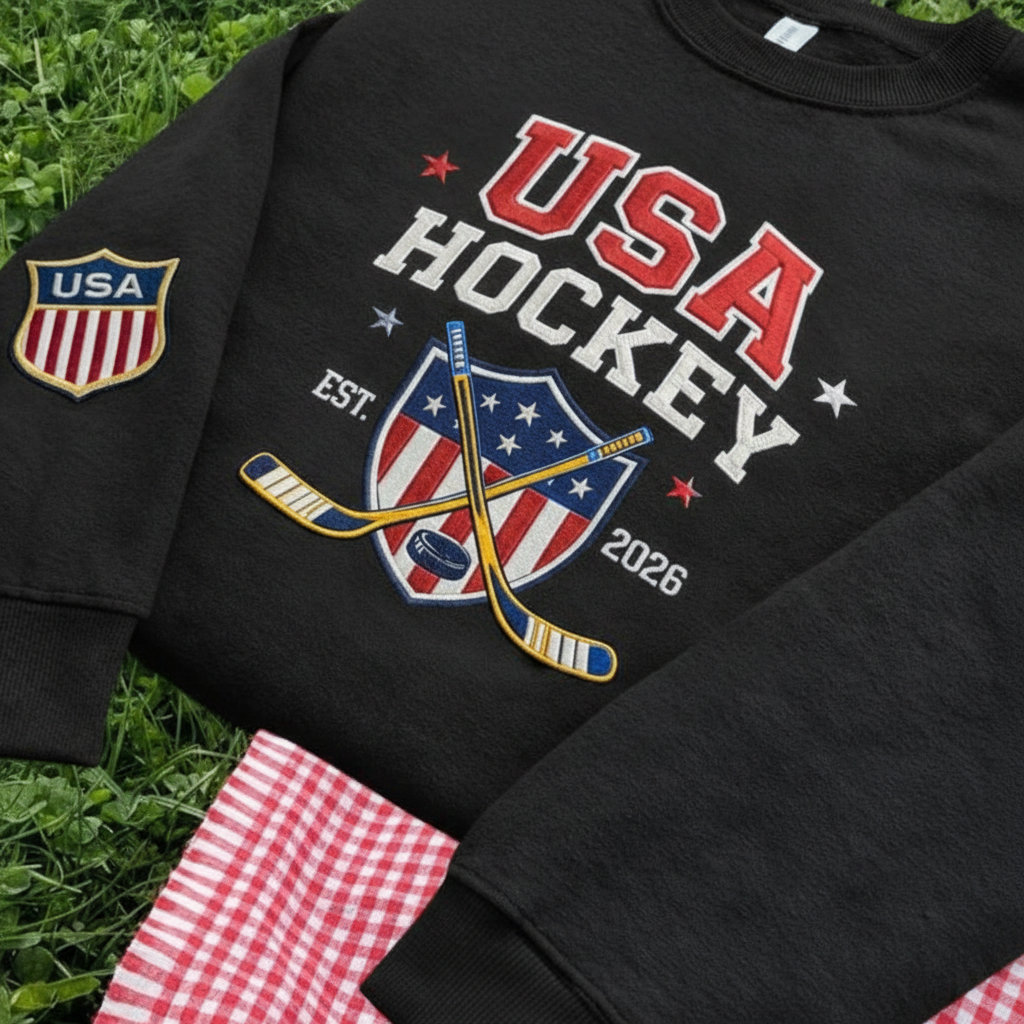 USA Hockey Embroidered Sweatshirt, 2026 America Hockey Champion Tee, Gold Medal Hockey, Gift for Jack and Quinn Hughes Fans