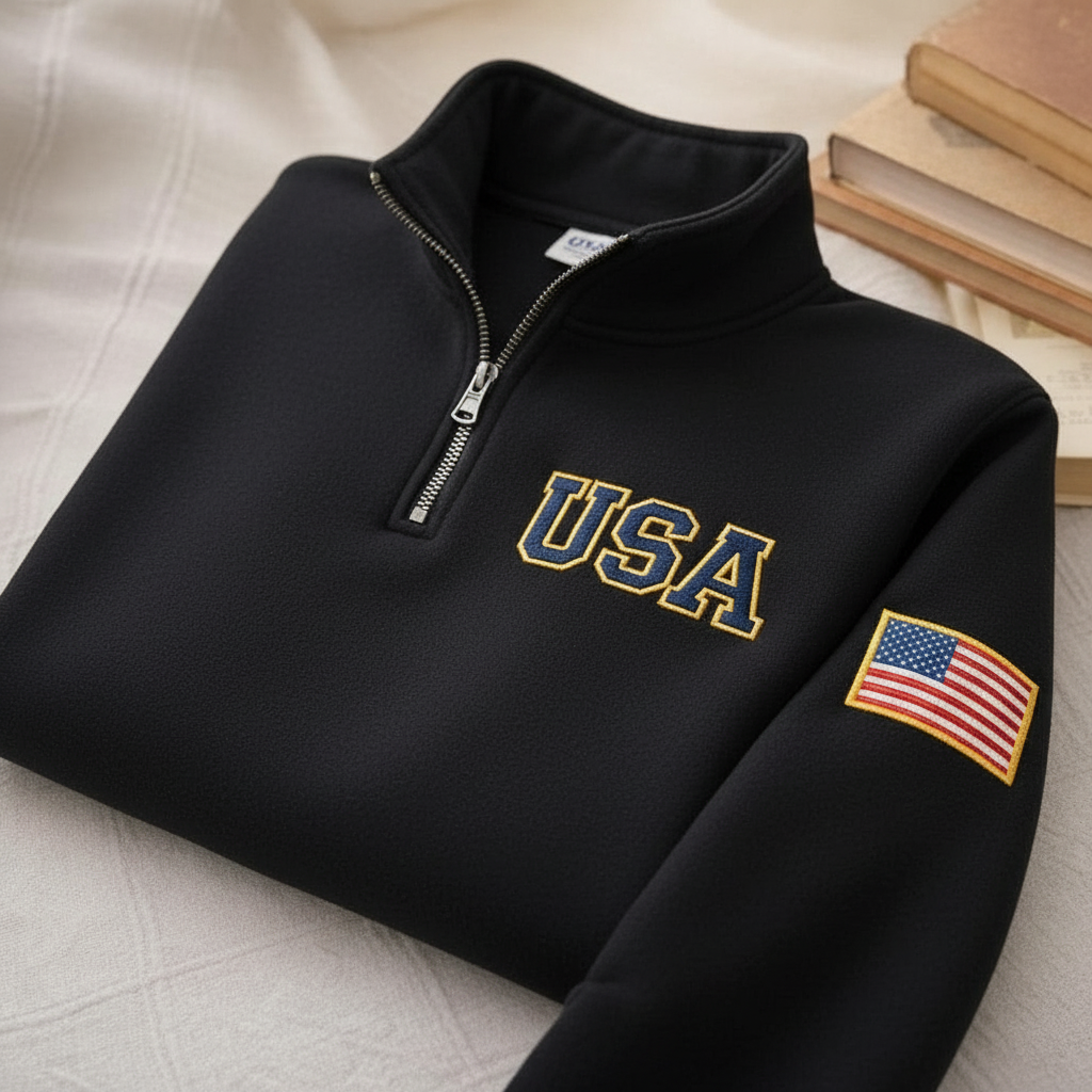 USA Quarter-Zip Embroidered Sweatshirt, Semiquincentennial Tee, Retro USA With Flag In Sleeve Shirt, USA Pride Gift