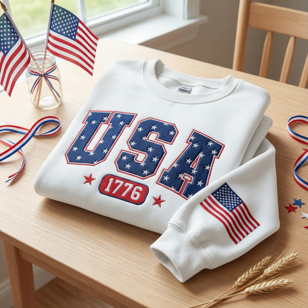 Embroidered America 250th Anniversary Sweatshirt, Celebrate Our 250th Anniversary Sweater, Usa Flag on Sleeve, Unisex Independence Day Gift