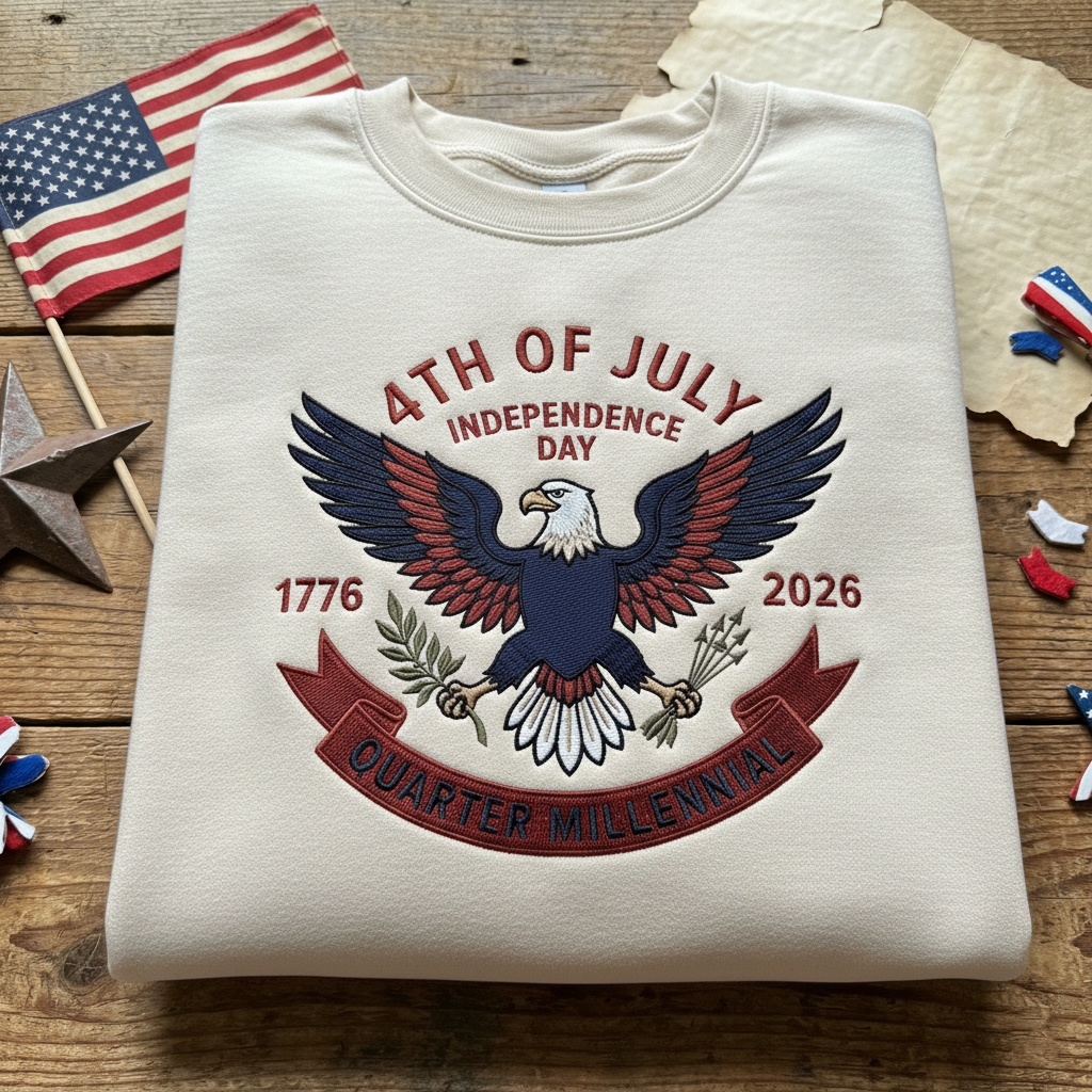 Embroidered Quarter Millennial Sweatshirt, USA 250th Anniversary Hoodie, 4th of July Independence Day Crewneck, Patriotic Eagle Top