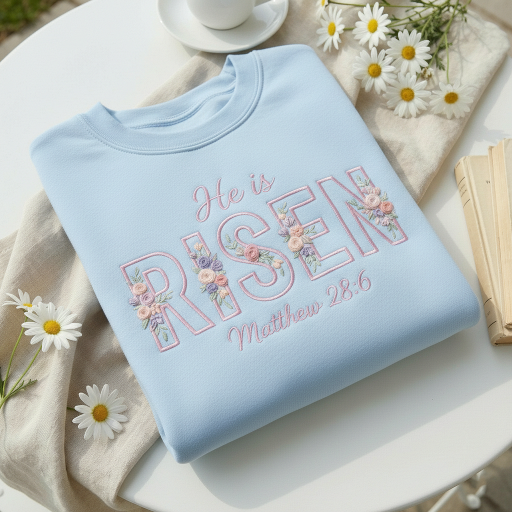 Embroidered He Is Risen Easter Sweatshirt, Floral Easter Shirt, Jesus Easter Shirt, Easter Shirt For Women, Easter Gift, Christian Gift