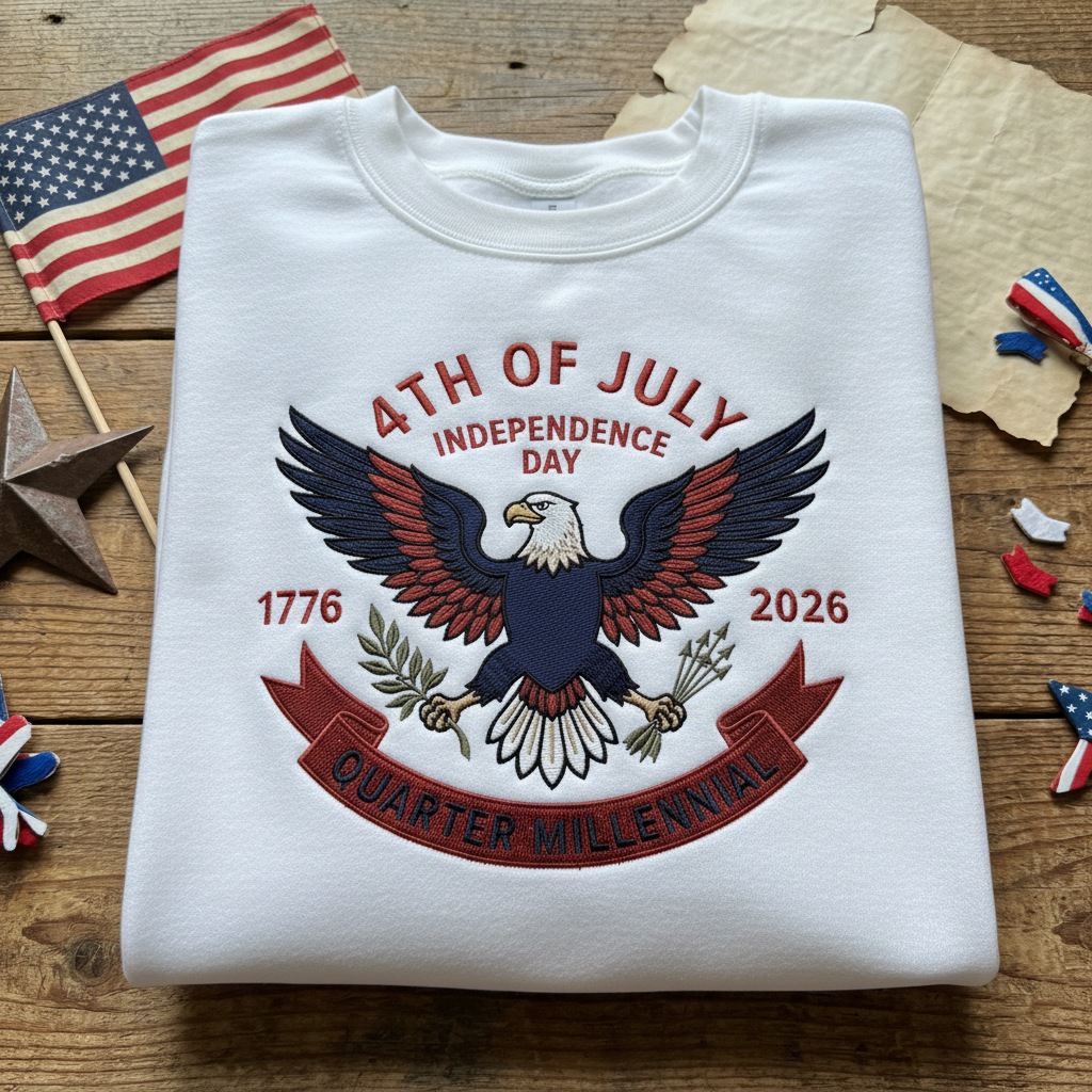 Embroidered Quarter Millennial Sweatshirt, USA 250th Anniversary Hoodie, 4th of July Independence Day Crewneck, Patriotic Eagle Top