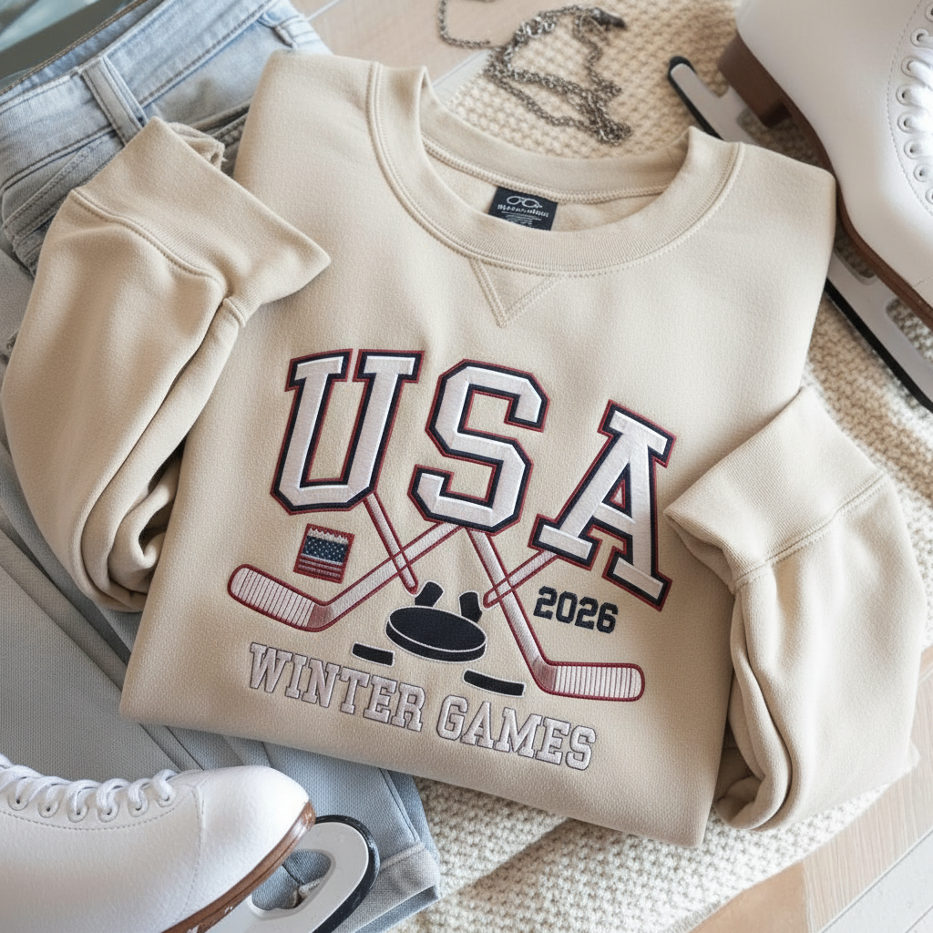 Embroidered USA Hockey Shirt 2026 Winter Games, Retro Varsity Sports Fan Gift, Vintage American Ice Hockey T-Shirt, Patriotic Team Support