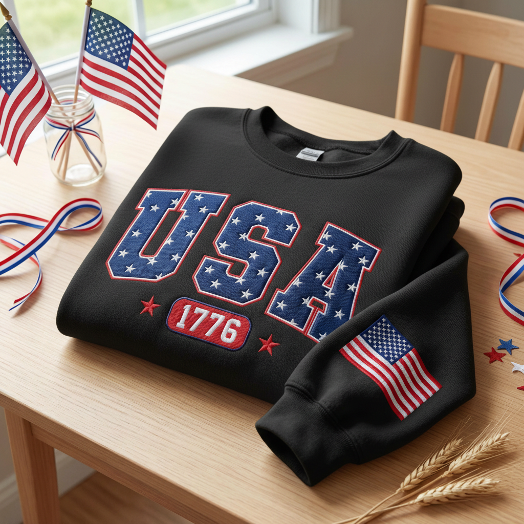 Embroidered America 250th Anniversary Sweatshirt, Celebrate Our 250th Anniversary Sweater, Usa Flag on Sleeve, Unisex Independence Day Gift