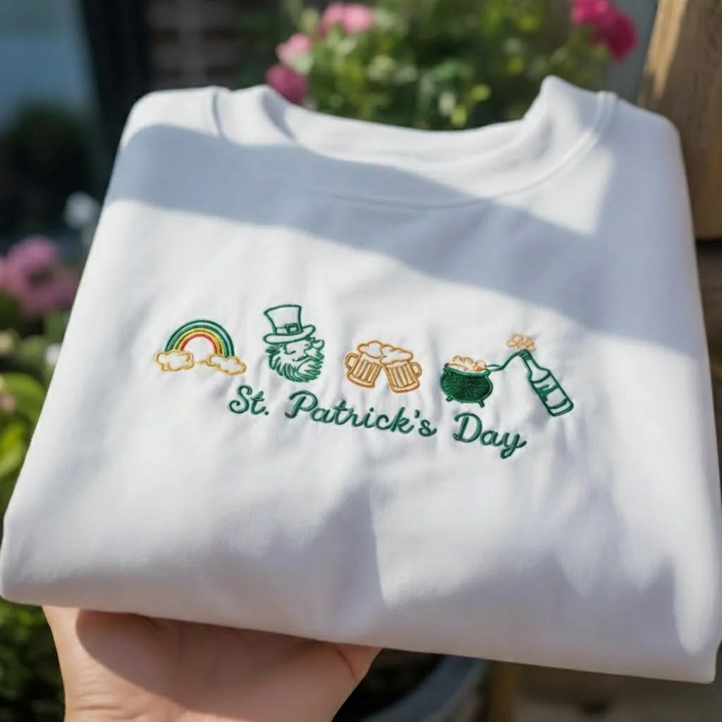 Lucky Rainbow Leprechaun Beer Shirt, St. Patrick's Day Embroidered Sweatshirt, Irish Festival Apparel, Pot Of Gold Drinking Crewneck Top