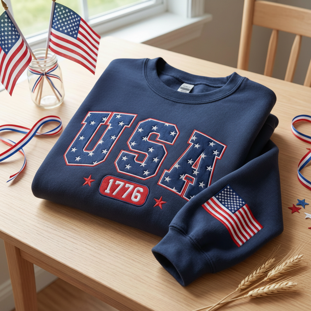 Embroidered America 250th Anniversary Sweatshirt, Celebrate Our 250th Anniversary Sweater, Usa Flag on Sleeve, Unisex Independence Day Gift