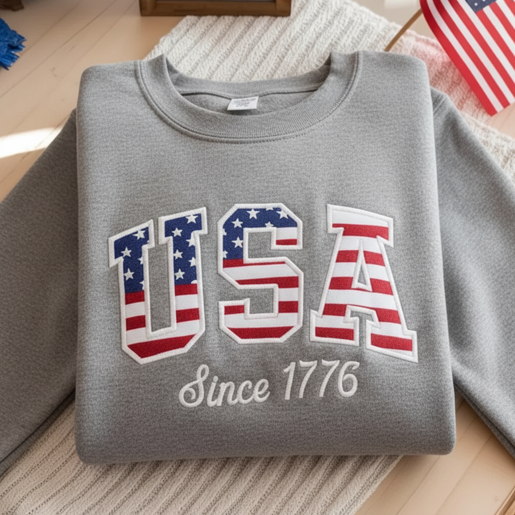 Embroidered USA Sweatshirt, Est 1776 American Flag Apparel, Patriotic Women's Shirt