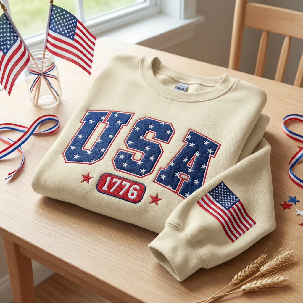 Embroidered America 250th Anniversary Sweatshirt, Celebrate Our 250th Anniversary Sweater, Usa Flag on Sleeve, Unisex Independence Day Gift