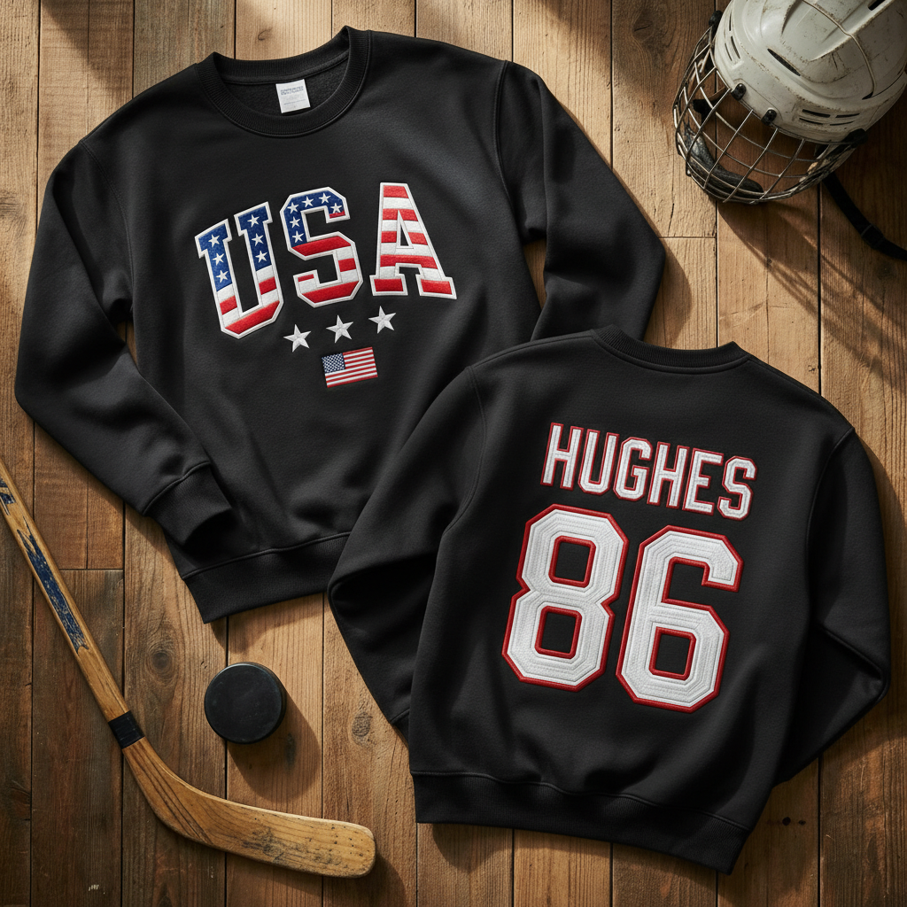 USA Hockey #86 Embroidered Sweatshirt, Jack Hughes Inspired USA Gold Medal Crewneck, Patriotic Hockey Fan Gift