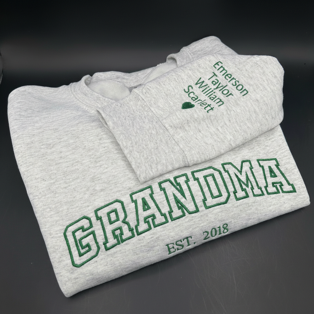 Custom Embroidered Sweatshirt, Personalized Name on Sleeve with Heart, Sweater with Date, Grandma Gift for New Mom, Meaningful Christmas Gift