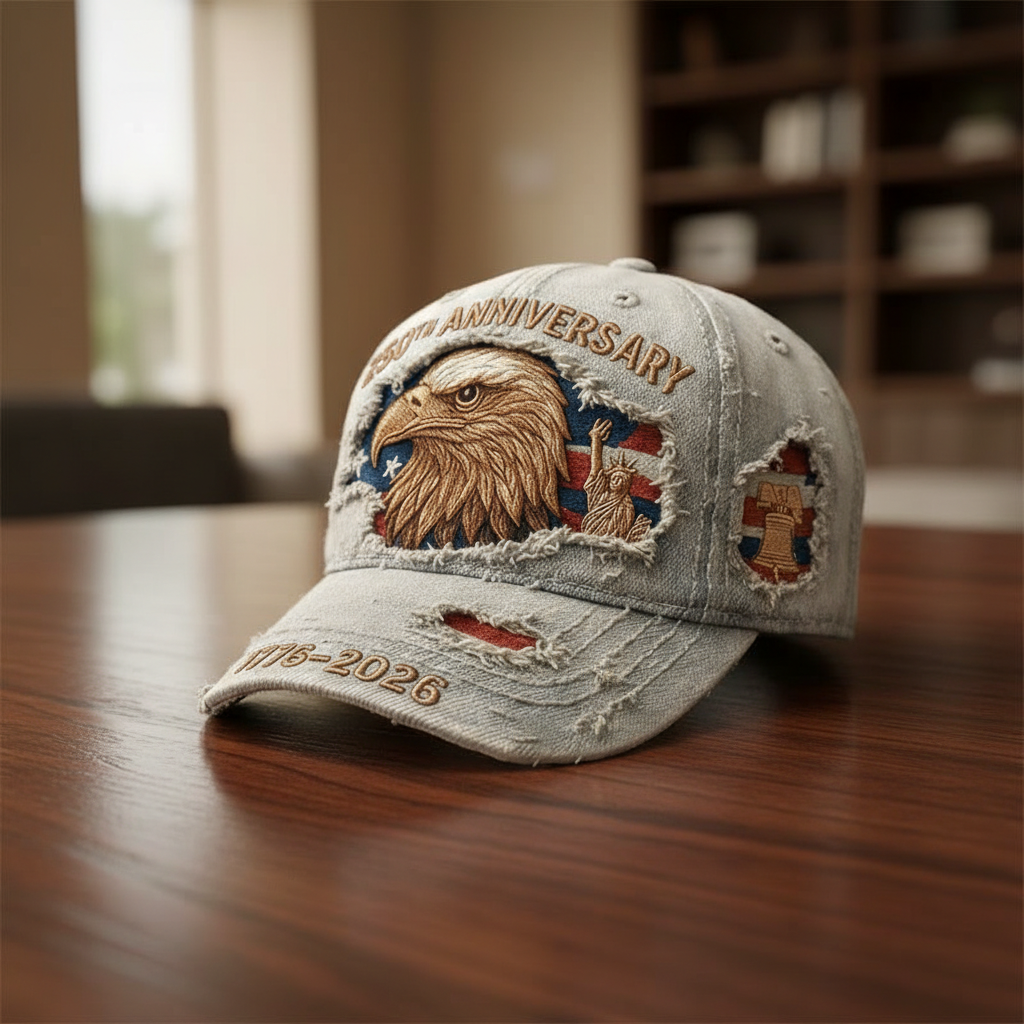 USA 250th Anniversary Distressed Hat 1776–2026 – Vintage Embroidered Bald Eagle & Statue of Liberty Patriotic Cap, American Flag Independence Celebration