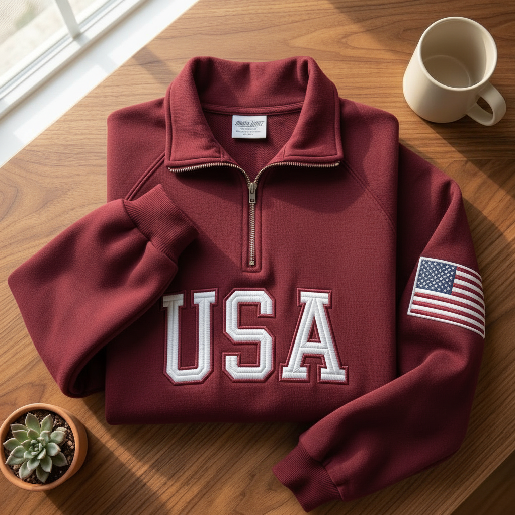 USA Quarter Zip Sweatshirt, Embroidered USA Pullover, Patriotic American Flag Sweater, 4th of July Outfit, Retro USA With Flag Shirt