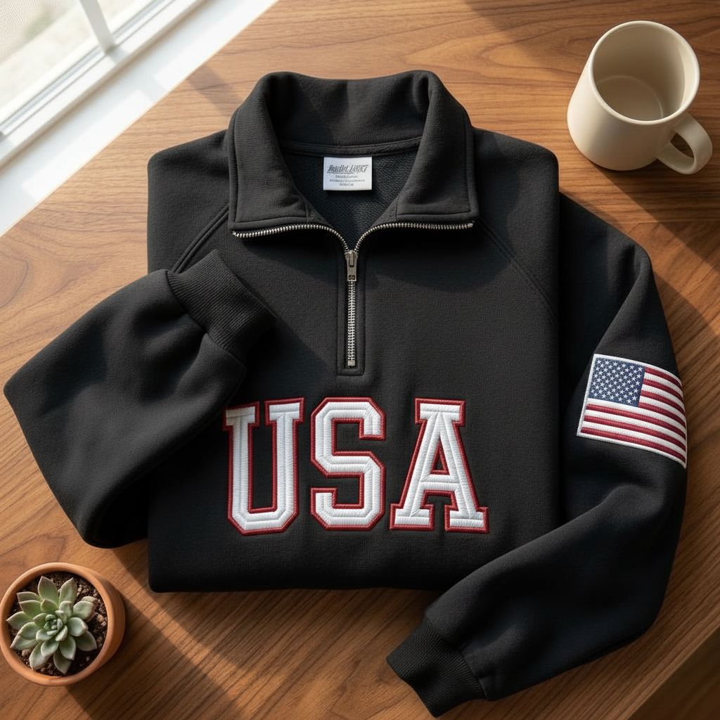 USA Quarter Zip Sweatshirt, Embroidered USA Pullover, Patriotic American Flag Sweater, 4th of July Outfit, Retro USA With Flag Shirt