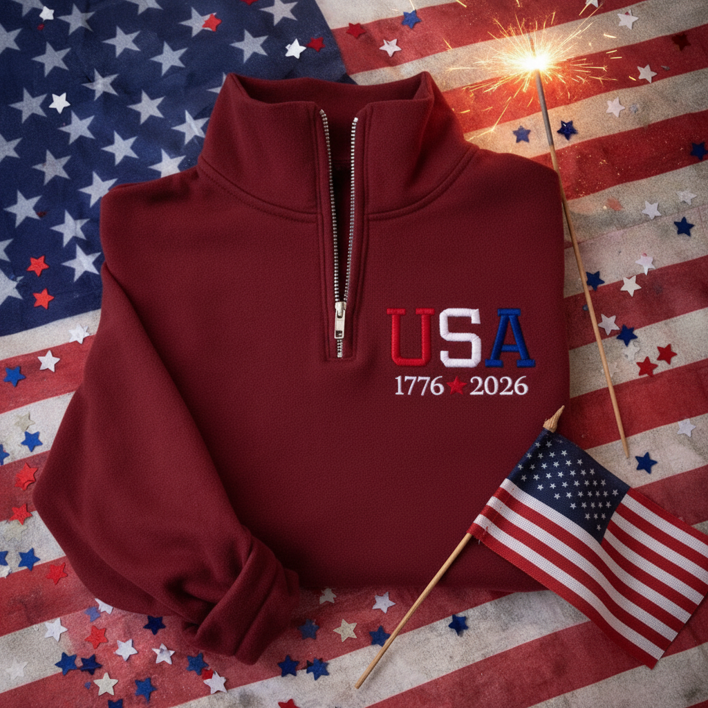 Embroidered USA Quarter Zip Sweatshirt | Patriotic Pullover | 1776–2026 Americana Unisex Sweatshirt | Fourth of July Gift